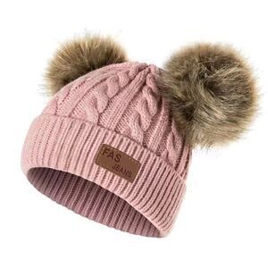 Thermal Cable Knit Beanie Winter Hat w Faux Fur Pom Poms. Elastic. 0-5 Yrs. Pink